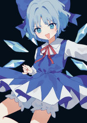 Rule 34 | 1girl, :d, absurdres, black background, bloomers, blue bow, blue dress, blue hair, bow, cirno, collared shirt, dress, feet out of frame, hair bow, highres, ice, ice wings, kozomezuki, long sleeves, looking at viewer, medium hair, neck ribbon, open mouth, pinafore dress, red ribbon, ribbon, shirt, simple background, sleeveless dress, smile, solo, touhou, underwear, white shirt, wings
