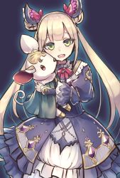 Rule 34 | 1girl, :d, blonde hair, bow, diamond (shape), double bun, dress, eyebrows, eyelashes, frilled dress, frills, gem, green eyes, hair bow, hair bun, hair ornament, head tilt, highres, holding, holding stuffed toy, long hair, long sleeves, looking at viewer, luna (shadowverse), open mouth, puffy sleeves, purple background, purple dress, red bow, red ribbon, ribbon, shadowverse, simple background, smile, solo, stuffed animal, stuffed mouse, stuffed toy, teeth, tongue, twintails, very long hair, wagashi928