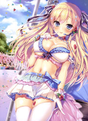 Rule 34 | 1girl, :p, absurdres, arm garter, ayuma sayu, bare shoulders, belt, bikini, blonde hair, blue eyes, blush, breasts, buckle, cleavage, cloud, crowd, day, dutch angle, flower, frilled bikini, frills, gloves, hair flower, hair ornament, hair ribbon, headset, heart, highres, idol, large breasts, long hair, looking at viewer, navel, ribbon, skirt, sky, smile, solo, swimsuit, thighhighs, thighhighs pull, tongue, tongue out, tree, twintails, white bikini, white gloves, white thighhighs