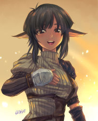 Rule 34 | 1girl, animal ears, armor, asymmetrical sleeves, black hair, breasts, brown eyes, commentary request, copyright request, detached sleeves, genshi, happy tears, lips, looking at viewer, medium breasts, mismatched sleeves, parted lips, pauldrons, ribbed sweater, short hair with long locks, shoulder armor, solo, sweater, tears