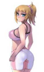 Rule 34 | 10s, 1girl, ass, bare shoulders, bike shorts, blonde hair, blue eyes, blush, breasts, covered erect nipples, gundam, gundam build fighters, gundam build fighters try, hevn, hoshino fumina, large breasts, light smile, long hair, looking at viewer, looking back, ponytail, sideboob, simple background, smile, solo, standing, tight clothes, white background