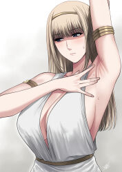 Rule 34 | 1girl, arm up, armpits, blonde hair, breasts, cleavage, hairband, highres, large breasts, long hair, looking to the side, shaded face, shingeki no kyojin, sideboob, solo, spread armpit, sweatdrop, xter, ymir fritz