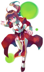 Rule 34 | 1girl, ahoge, brown hair, cross print, dress, green eyes, high priest (ragnarok online), long hair, long sleeves, looking at viewer, outstretched arm, ponytail, ragnarok online, red dress, red hair, ribbon, running, shatiko, simple background, solo, thighhighs, white background