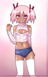 Rule 34 | 10s, 1girl, bare shoulders, cleavage cutout, clothing cutout, dark-skinned female, dark skin, detached sleeves, grin, hayashiya zankurou, kaname madoka, looking at viewer, mahou shoujo madoka magica, mahou shoujo madoka magica (anime), meme attire, midriff, naughty face, navel, open-chest sweater, pink eyes, pink hair, ribbed sweater, sleeveless, sleeveless turtleneck, smile, solo, sweater, tan, thighhighs, turtleneck, twintails, white thighhighs