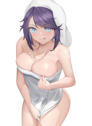 Rule 34 | 1girl, absurdres, armpits, bare shoulders, blue eyes, blue hair, breasts, cleavage, collarbone, dark blue hair, forehead, highres, kson, large breasts, looking at viewer, maboroshi yuki shiro, naked towel, nipple slip, nipples, parted bangs, simple background, smile, solo, tongue, tongue out, towel, towel on head, tsurime, virtual youtuber, vshojo, white background