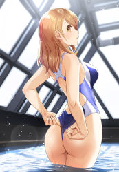 Rule 34 | 1girl, adjusting clothes, adjusting swimsuit, ass, bare arms, bare shoulders, blue one-piece swimsuit, blush, breasts, brown eyes, brown hair, commentary request, from behind, highres, hojo karen, idolmaster, idolmaster cinderella girls, in water, indoors, large breasts, long hair, looking at viewer, mk (mod0), one-piece swimsuit, open mouth, pool, rei no pool, solo, standing, swimsuit, two-tone swimsuit, wading, wedgie, wet, white one-piece swimsuit