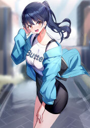 Rule 34 | 1girl, backpack, bag, black hair, black skirt, blue jacket, blurry, blurry background, boku no kokoro no yabai yatsu, breasts, brown eyes, clothes writing, commentary request, depth of field, earrings, english text, hair between eyes, hand up, highres, jacket, jewelry, long hair, long sleeves, medium breasts, off shoulder, open clothes, open jacket, pencil skirt, ponytail, puffy long sleeves, puffy sleeves, ririko (zhuoyandesailaer), shirt, skirt, solo, standing, white shirt, yamada anna