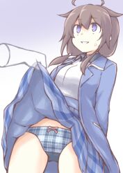 Rule 34 | 1girl, 1other, ahoge, akara kai, black hair, blue eyes, blue jacket, blue panties, blue skirt, clothes lift, disembodied hand, empty eyes, gradient background, hair flaps, hair over shoulder, highres, jacket, kantai collection, long hair, official alternate costume, panties, parted lips, plaid, plaid panties, plaid skirt, shigure (kancolle), shigure kai ni (kancolle), skirt, skirt lift, underwear, white hair