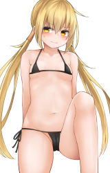 Rule 34 | 10s, 1girl, arms behind back, bare arms, bare legs, bikini, black bikini, blonde hair, breasts, hair between eyes, kantai collection, long hair, looking at viewer, micro bikini, mizushina minato, satsuki (kancolle), side-tie bikini bottom, sideboob, simple background, small breasts, smile, solo, swimsuit, thighs, twintails, underboob, very long hair, white background, yellow eyes