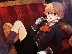Rule 34 | 1boy, alternate costume, argyle, argyle clothes, argyle legwear, ascot, asymmetrical legwear, belt, blonde hair, blue eyes, couch, cross, crossed legs, fang, formal, gloves, halloween, happy halloween, holiday, juliet sleeves, kagamine len, kneehighs, long sleeves, lying, male focus, mismatched legwear, on back, patterned legwear, patterned upholstery, pointy ears, ponytail, puffy sleeves, red upholstery, scar, short hair, shorts, sitting, socks, solo, stitches, striped upholstery, tama (songe), vocaloid, white gloves