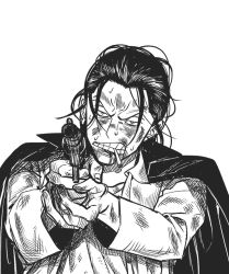 Rule 34 | 1boy, aged down, aiming, aiming at viewer, clenched teeth, coat, coat on shoulders, crocodile (one piece), dirty, dirty clothes, dirty face, gimaug, greyscale, gun, hair slicked back, male focus, monochrome, one piece, smoking, solo, teeth, weapon