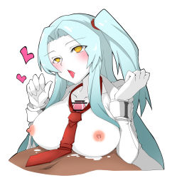 Rule 34 | 1girl, angela (project moon), arms up, bar censor, between breasts, blue hair, blush, breasts, censored, coat, collarbone, colored skin, cum, eyes visible through hair, hair ornament, heart, heart-shaped pupils, highres, lab coat, lactation, large breasts, lobotomy corporation, looking at another, navel, necktie, necktie between breasts, nipples, open clothes, open coat, open mouth, paizuri, penis, project moon, solo focus, symbol-shaped pupils, tongue, tongue out, touyakakasi, upper body, white background, white skin, yellow eyes