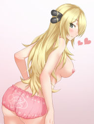 Rule 34 | 1girl, ass, blonde hair, blush, breasts, creatures (company), cynthia (pokemon), game freak, gen 4 pokemon, gible, green eyes, heart, highres, large breasts, long hair, looking at viewer, nintendo, nipples, panpa, panties, pink panties, pokemon, pokemon (creature), smile, solo, topless, underwear, underwear only