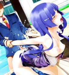Rule 34 | 10s, 1boy, 1girl, aoki reika, arm grab, arm held back, bad id, bad pixiv id, blazer, blue hair, breasts, brown hair, closed eyes, clothes pull, clothing aside, competition school swimsuit, cum, cum on body, cum on clothes, cum on lower body, dutch angle, ejaculation, from behind, hetero, highres, hime cut, holding another&#039;s wrist, jacket, long hair, mizusaki (tengoku), necktie, nipples, one-piece swimsuit, one-piece swimsuit pull, open mouth, pants, pants pull, penis, perky breasts, precure, school swimsuit, small breasts, smile precure!, swimsuit, swimsuit aside, tengoku