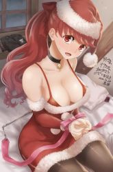 Rule 34 | bdsm, bell, blush, bondage, bound, bound wrists, bow, bra, breasts, choker, christmas, cleavage, dress, elbow gloves, embarrassed, flustered, from above, fur trim, gift, gloves, gymnastics ribbon, hair bow, hair ribbon, hat, highres, kurosususu, large breasts, looking at viewer, miniskirt, neck bell, on bed, persona, persona 5, persona 5 the royal, ponytail, red dress, red eyes, red hair, red ribbon, red skirt, ribbon, santa costume, santa dress, santa gloves, santa hat, short dress, sitting, skirt, sweatdrop, thighhighs, underwear, yoshizawa kasumi