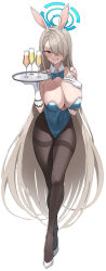 Rule 34 | 1girl, alcohol, animal ears, asuna (blue archive), asuna (bunny) (blue archive), bare shoulders, blue archive, blue eyes, blue leotard, blue ribbon, blush, breasts, brown pantyhose, cleavage, covered navel, cup, detached collar, drinking glass, elbow gloves, fake animal ears, full body, gloves, grin, hair over one eye, hair ribbon, halo, high heels, highleg, highleg leotard, highres, k pring, large breasts, leotard, light brown hair, long hair, looking at viewer, mole, mole on breast, pantyhose, playboy bunny, rabbit ears, ribbon, smile, solo, thighband pantyhose, tray, very long hair, white gloves, wine, wine glass