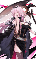 Rule 34 | 1girl, babyg wong, bare shoulders, belt, black dress, blunt bangs, breasts, brown thighhighs, cleavage, cowboy shot, detached sleeves, dress, gold trim, highres, holding, holding microphone, holding weapon, hololive, hololive english, huge weapon, large breasts, long hair, long sleeves, looking at viewer, microphone, mori calliope, open mouth, pelvic curtain, pink hair, red eyes, scythe, simple background, single detached sleeve, solo, thighhighs, tiara, veil, very long hair, virtual youtuber, weapon, white background