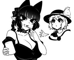 Rule 34 | 2girls, animal ears, bare shoulders, blunt bangs, braid, breasts, cat ears, cat tail, cleavage, collarbone, fang, greyscale, haseru (ginku mh), hat, hat ribbon, kaenbyou rin, komeiji koishi, large breasts, looking at viewer, monochrome, multiple girls, open mouth, pointy ears, ribbon, short hair, side braid, simple background, skin fang, tail, touhou