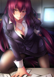 Rule 34 | 1girl, bra, breasts, cleavage, desk, fate/grand order, fate (series), formal, hatori mia, highres, jewelry, lace, lace-trimmed bra, lace trim, large breasts, long hair, looking at viewer, necklace, office lady, pantyhose, paper, pencil skirt, purple hair, red eyes, scathach (fate), skirt, skirt suit, skyline, smile, solo, suit, underwear