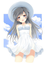Rule 34 | 1girl, arms behind back, bare shoulders, blue sky, blush, breasts, cloud, cloudy sky, commentary request, cropped legs, day, dress, flipper, girls und panzer, grey eyes, grey hair, hair between eyes, hat, head tilt, highres, isuzu hana, long hair, looking at viewer, medium breasts, sky, sleeveless, sleeveless dress, solo, sun hat, sundress, very long hair, white hat