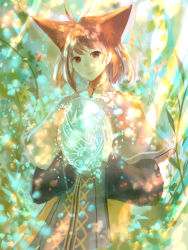 Rule 34 | 1girl, animal ears, brown eyes, brown hair, commentary, highres, holding, light particles, light rays, light smile, looking at viewer, original, plant, robe, sakimori (hououbds), short hair, solo, sunlight, upper body