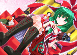 Rule 34 | 1girl, arm ribbon, boots, bow, cross-laced footwear, doll, dress, fingers together, front ponytail, green eyes, green hair, hair bow, kagiyama hina, knee boots, looking at viewer, matching hair/eyes, puffy sleeves, red dress, ribbon, short sleeves, sitting, solo, touhou, yamu (reverse noise)