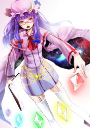 Rule 34 | 1girl, alternate costume, bad id, bad pixiv id, bespectacled, book, cape, crescent, danmaku, dress, female focus, garter straps, glasses, hat, highres, open mouth, patchouli knowledge, purple eyes, purple hair, rainbow order, reio reio, solo, thighhighs, touhou, white thighhighs