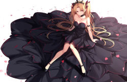 Rule 34 | 1girl, arm garter, bare shoulders, black choker, black dress, black footwear, blonde hair, breasts, choker, cleavage, closed mouth, dress, earrings, ereshkigal (fate), fate/grand order, fate (series), full body, hair ribbon, highres, hoop earrings, jewelry, legs, long hair, medium breasts, petals, possessed, possession, red eyes, red ribbon, ribbon, shoes, simple background, sitting, sleeveless, sleeveless dress, solo, spider apple, tiara, two side up, white background