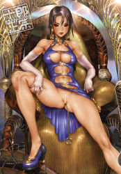 Rule 34 | 1girl, bar censor, breasts, brown hair, censored, chain, chain, china dress, chinese clothes, choker, cleavage, comic anthurium, dress, earrings, elbow gloves, gloves, gold, gold chain, highres, jewelry, large breasts, lips, long hair, looking at viewer, navel, no bra, no panties, pussy, shirou masamune, sitting, solo, spread legs