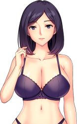 Rule 34 | 1girl, bare arms, bare shoulders, bra, breasts, cleavage, closed mouth, collarbone, female focus, game cg, hand up, kyonyuu hitozuma netorare saimin: share house de kanrinin to tsuma ga......, lace, lace bra, large breasts, light smile, looking at viewer, matching hair/eyes, medium hair, momizi-kei, navel, original, purple bra, purple eyes, purple hair, smile, solo, swept bangs, transparent background, underwear, upper body