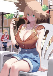 Rule 34 | 2girls, artoria pendragon (fate), artoria pendragon (lancer) (fate), bare shoulders, blonde hair, blue shorts, breasts, brown shirt, chair, cleavage, collarbone, contemporary, fate/apocrypha, fate/grand order, fate (series), food, green eyes, hair between eyes, hat, highres, ice cream, large breasts, long hair, mordred (fate), mordred (fate/apocrypha), mordred (memories at trifas) (fate), multiple girls, n.e (sakura-233), shirt, shorts, sidelocks, sitting, sleeveless, sleeveless shirt, solo focus, straw hat, sunglasses, thighs