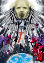 Rule 34 | :o, angel, angel wings, armor, earth (planet), face, full armor, gin&#039;oya, helmet, highres, holding, holding weapon, lance, machinery, male focus, metatron (megami tensei), open mouth, outstretched arms, planet, polearm, power (megami tensei), shield, shin megami tensei, spear, tabard, teeth, weapon, wings, wrinkled skin, yhvh