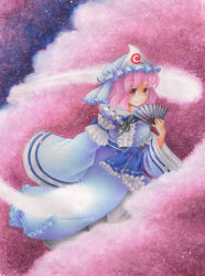 Rule 34 | 1girl, absurdres, blush, cherry blossoms, colored pencil (medium), commentary request, crayon (medium), dress, hand fan, flying, folding fan, graphite (medium), hat, highres, hitodama, looking at viewer, mi-ko, mob cap, paper fan, pink eyes, pink hair, saigyouji yuyuko, sash, short hair, sleeves past wrists, smile, solo, touhou, traditional media, triangular headpiece, veil, wide sleeves