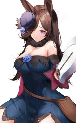 Rule 34 | 1girl, absurdres, aged up, alternate breast size, animal ears, bare shoulders, belt, blue dress, blue flower, blue rose, breasts, brown hair, cleavage, commentary, dress, flower, fur collar, hair over one eye, hat, hat flower, hat ornament, highres, holding, holding sword, holding weapon, horse ears, large breasts, long hair, long sleeves, looking at viewer, nevin (flyskying), off-shoulder dress, off shoulder, parted lips, purple eyes, purple hat, rice shower (umamusume), rose, simple background, sitting, solo, sword, symbol-only commentary, umamusume, very long hair, weapon, white background