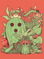 Rule 34 | boxing gloves, cactus, dated, digimon, digimon (creature), evolutionary line, fairy, featherofmetis, flower, highres, lilimon, looking at viewer, monster girl, palmon, petals, plant, plant girl, red background, sharp teeth, simple background, spines, tanemon, teeth, togemon, yuramon