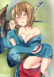 Rule 34 | 10s, 1girl, alternate costume, bare shoulders, blush, bottle, breasts, brown hair, floral print, hair between eyes, hair ornament, hairclip, highres, japanese clothes, kantai collection, kimono, large breasts, long hair, lying, maya (kancolle), navy (navy.blue), obi, on floor, on side, sash, short hair, solo, tatami, twitter username, wide sleeves, x hair ornament, yukata, zzz