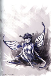 Rule 34 | 1girl, aa megami-sama, blue theme, closed eyes, dated, fairy, female focus, grey (aa megami-sama), moon, morgan le faye (aa megami-sama), simple background, solo, wings