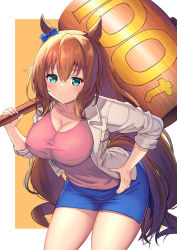 Rule 34 | blazer, blue eyes, blue skirt, bow, breasts, brown hair, city hunter, commentary request, cosplay, cowboy shot, ear bow, green eyes, highres, horse girl, horse tail, jacket, large breasts, leaning forward, long hair, makimura kaori, makimura kaori (cosplay), mallet, maruzensky (umamusume), oversized object, pencil skirt, pink shirt, shirt, skirt, tail, umamusume, wavy hair, white jacket, yuutopia