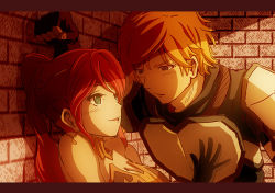 Rule 34 | 1boy, 1girl, against wall, armor, bare shoulders, blonde hair, blue eyes, blush, breastplate, breasts, brick wall, choker, cleavage, clenched hand, couple, eye contact, fingerless gloves, forehead protector, gloves, gorget, green eyes, hand on another&#039;s chest, hetero, jaune arc, leaning forward, long hair, looking at another, moai (moai world), no pupils, open mouth, ponytail, pyrrha nikos, red hair, rwby, shade, shadow, short hair, shoulder armor, smile, pauldrons, strapless, upper body