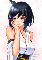 Rule 34 | 1girl, bare shoulders, black hair, blush, breasts, closed mouth, dated, detached sleeves, hair ornament, hand on own chin, headgear, highres, izumikuma, japanese clothes, kantai collection, looking at viewer, medium breasts, nontraditional miko, obi, red eyes, sash, short hair, simple background, solo, tassel, twitter username, upper body, yamashiro (kancolle)