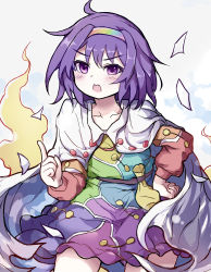 Rule 34 | 1girl, absurdres, blue hair, blush, cloak, highres, laoshezhang, looking at viewer, multicolored clothes, multicolored headwear, open mouth, pointing, pointing up, purple eyes, solo, tenkyuu chimata, touhou, unconnected marketeers, v-shaped eyebrows