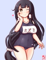 Rule 34 | 1girl, artist logo, black hair, black one-piece swimsuit, breasts, commentary request, cowboy shot, dated, grey background, grey eyes, hair tubes, hands on own face, kanon (kurogane knights), kantai collection, large breasts, long hair, looking at viewer, low-tied long hair, mizuho (kancolle), name tag, old school swimsuit, one-hour drawing challenge, one-piece swimsuit, school swimsuit, sidelocks, simple background, solo, swimsuit, very long hair