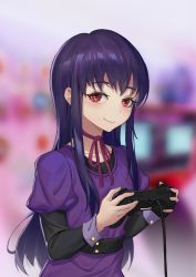 Rule 34 | 1girl, absurdres, blurry, blurry background, blush, dress, high score girl, highres, kevo, long hair, long sleeves, neck ribbon, oono akira, playstation controller, purple dress, purple hair, red eyes, red ribbon, ribbon, smile, solo, upper body