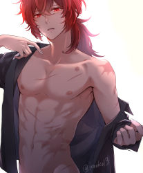 Rule 34 | 1boy, abs, bare shoulders, black shirt, clothes lift, diluc (genshin impact), genshin impact, hair between eyes, highres, ieneko13, long hair, male focus, muscular, muscular male, nipples, open clothes, open mouth, open shirt, ponytail, red eyes, red hair, scar, scar on chest, scar on stomach, shirt, shirt lift, simple background, toned, toned male, twitter username, white background