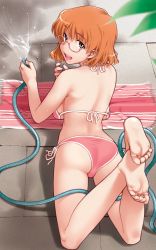 Rule 34 | 1girl, :d, absurdres, amagi manami, ass, back, backboob, barefoot, beach towel, bikini, blurry, blush, breasts, concrete, depth of field, feet, from above, from behind, full body, glasses, grey eyes, happy, highres, hose, kiriyama taichi, large breasts, legs up, looking at viewer, looking back, looking up, lying, mole, mole under mouth, on ground, on stomach, open mouth, orange hair, outdoors, pink-framed eyewear, pink bikini, pink towel, semi-rimless eyewear, shadow, short hair, side-tie bikini bottom, smile, soles, solo, spray, sweet home, swimsuit, the pose, toe scrunch, toes, towel, under-rim eyewear, water