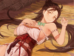 Rule 34 | 1girl, armpits, artist name, bare shoulders, blush, body markings, breasts, brown eyes, brown hair, cleavage, dress, fate/grand order, fate (series), forehead, hand on own hip, himiko (fate), himiko (first ascension) (fate), japanese clothes, jewelry, large breasts, long hair, looking at viewer, lying, magatama, magatama necklace, necklace, no bra, on back, sash, side slit, sideboob, smile, topknot, twintails, tyone, white dress