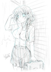 Rule 34 | 1girl, adjusting hair, braid, breasts, collared shirt, commentary request, copyright request, dated, graphite (medium), greyscale, hair between eyes, long hair, looking at viewer, mechanical pencil, medium breasts, monochrome, outdoors, pencil, pleated skirt, rain, ryuuga shou, shirt, short sleeves, signature, single braid, skirt, solo, suitcase, traditional media, wet