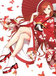 Rule 34 | 1girl, arisugawa natsuha, brown eyes, brown hair, bug, butterfly, closed mouth, crossed legs, floating hair, floral print, gloves, highres, holding, holding umbrella, idolmaster, idolmaster shiny colors, insect, japanese clothes, kimono, long hair, long sleeves, looking at viewer, obi, oil-paper umbrella, print kimono, red kimono, red umbrella, sash, smile, socks, solo, suzumo70, swept bangs, tabi, umbrella, very long hair, white background, white gloves, white socks