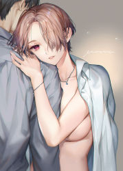 Rule 34 | 1boy, 1girl, bracelet, breasts, brown hair, clothes lift, collared shirt, ear piercing, hair over one eye, highres, hug, jewelry, kaguyuzu, looking at viewer, medium breasts, necklace, original, piercing, shirt, shirt behind neck, shirt lift, short hair, signature, simple background, standing, topless