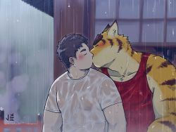 Rule 34 | 2boys, animal ears, bara, blush, couple, furry, furry male, furry with non-furry, highres, interspecies, jeck (2184521), kiss, male focus, morenatsu, multiple boys, muscular, muscular male, pectorals, rain, red tank top, see-through, shirt, short hair, sideburns, sidepec, tank top, thick eyebrows, tiger boy, tiger ears, torahiko oshima, upper body, wet, wet clothes, wet shirt, white shirt, yellow fur
